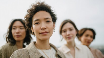 Fototapeta premium Close-up portrait of a young woman with curly hair. she is standing in front of a group of four other women, all of whom are looking directly at the camera.