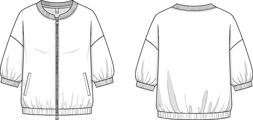 Women zip up bomber jacket technical fashion illustration showing front and back views, oversized sleeves with ribbed cuffs hem flat vector © Nur