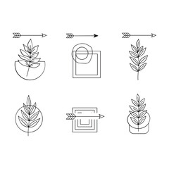 Minimalist Geometric and Botanical Line Art Icons with Arrows vector illustration