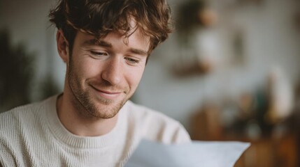 Obraz premium Close-up portrait of a young man with curly hair and a beard. he is wearing a white sweater and is looking down at a piece of paper in his hands.