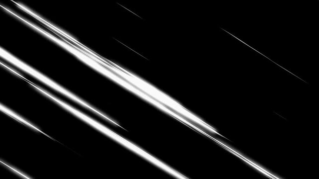 Seamless loop of diagonal white anime speed lines for action or motion effects. Isolated on black background, ideal for compositing