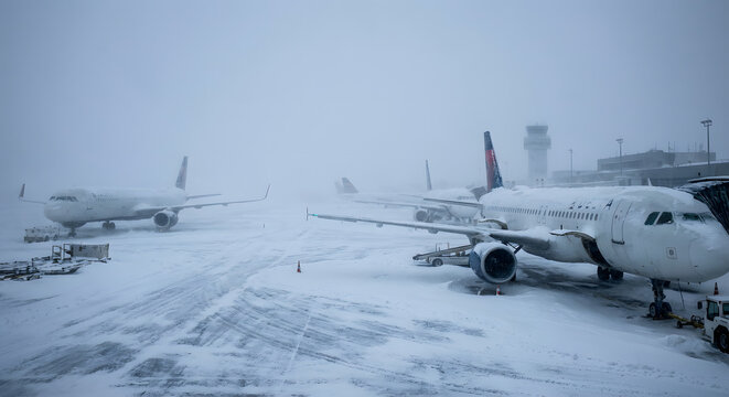 Airplanes parked on a snow-covered tarmac during a severe winter storm, illustrating the significant impact of extreme weather on airport operations and air travel disruptions