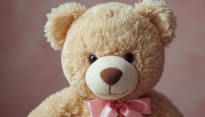 Obraz premium A close-up of a cute teddy bear with a pink bow on its neck