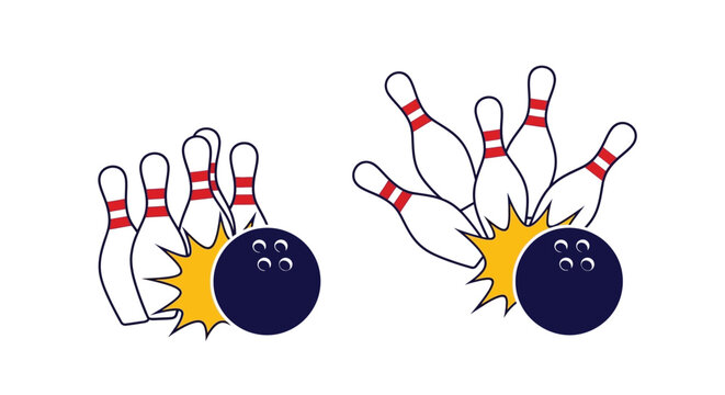 Bowling pins falling after impact with a blue bowling ball