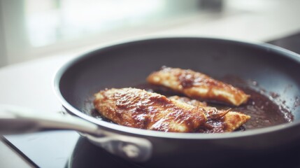 Pan-seared fish fillets with tangy plum marinade in a modern kitchen. Generative AI