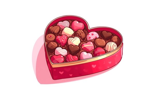 A heart-shaped box filled with assorted chocolates on a white background
