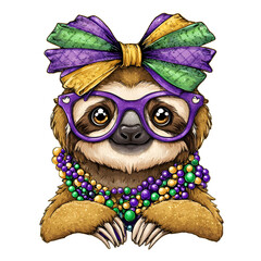 Obraz premium Sloth with big glasses and Mardi Gras beads