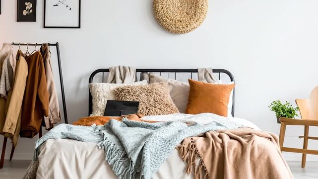 Bedroom decor featuring a bed with throws and pillows, art, chair, clothing rack, and wall decor