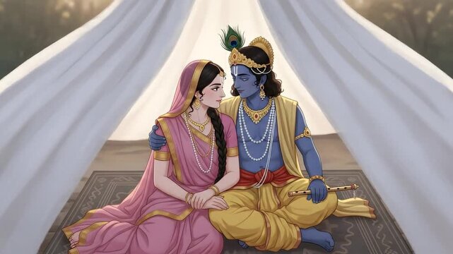 Lord Krishna and Radha in a tender moment under a tent.