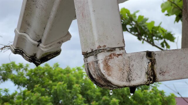 Close-up view of water leaking from a downspout pipe, followed by a tilt-up movement revealing the pipe is disconnected from the main rain gutter above. Residential maintenance context. 4K ProRes.