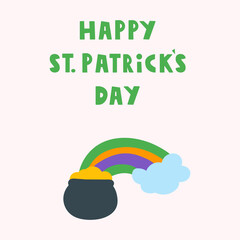 Happy St. Patrick's Day with Pot of Gold and Rainbow Flat Vector, Minimalist Colorful Lucky Scene