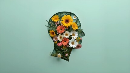 A profile silhouette of a human head cut out of a light teal surface, filled with a dense arrangement of colorful blooming flowers and green leaves against a dark background.