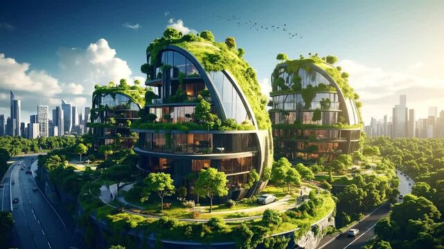 A futuristic architectural landscape with verdant, curved buildings integrated with nature, creating an urban oasis
