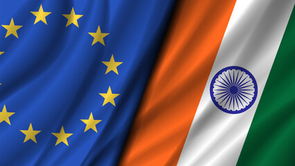 Vector political and economic poster. Wavy flags of European Union and Republic of India, Bharat. Finance, business and trade agreement