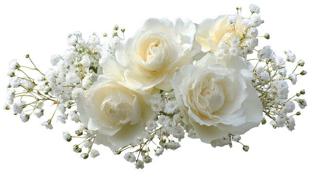 White roses, baby's breath, flower arrangement, isolated on black background