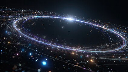 Digital ring of glowing particles with central bright light, creating a dynamic abstract scene