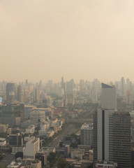 Obraz premium Vertical Aerial City Skyline Covered by Air Pollution Smog