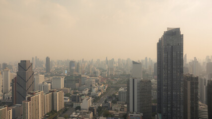 Obraz premium Aerial View of Megacity Covered in Air Pollution and Smog