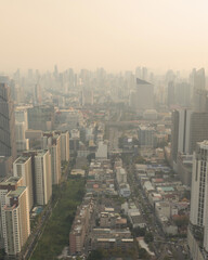 Obraz premium Vertical Aerial City Skyline Covered by Air Pollution Smog