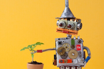 New life concept. The robot touches the plant, small green sprout in a flower pot. yellow background