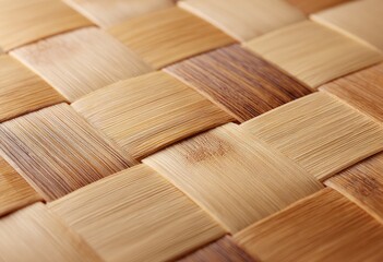 Close-up of a woven object made of alternating light and dark wooden strips