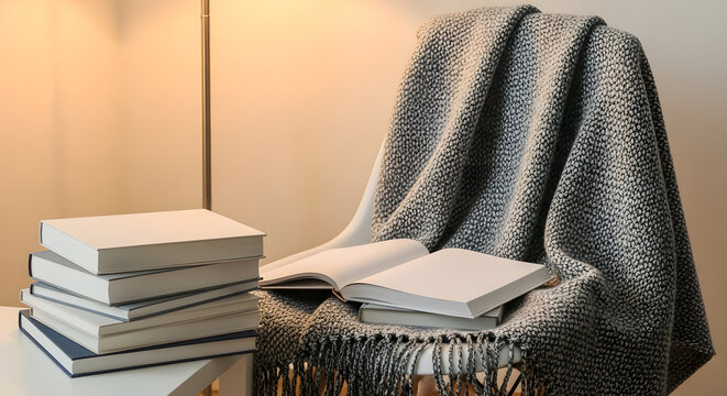 Cozy reading corner setup with stack of blank books, textured bl