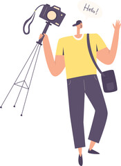 Fototapeta premium Modern Photographer Waving Hello Holding Camera and Tripod Illustration 