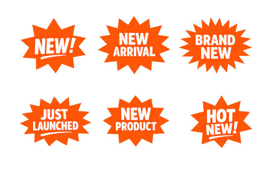 Collection of orange starburst stickers featuring various new product announcements for marketing and retail promotions