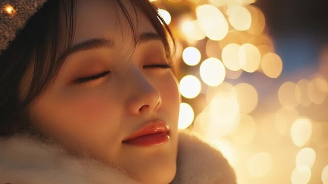 イルミネーションを背景に女性が目を閉じている