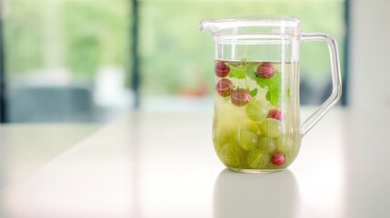 Clear Mint Infused Gooseberry Compote in a Glass Jug. Generative AI