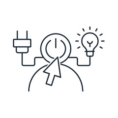 Turn on your brain.  Innovation and solution.Non-standard thinking, vision. Vector linear icon illustration isolated on white background.