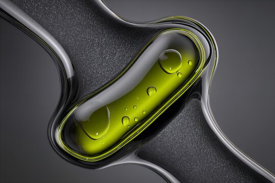 Abstract green liquid in glassy organic structure with bubbles