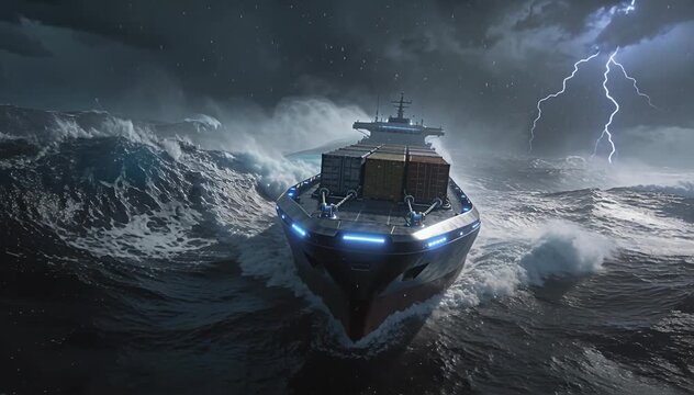 Cargo ship battling stormy seas with lightning strikes, epic ocean voyage danger travel ship, container ship.