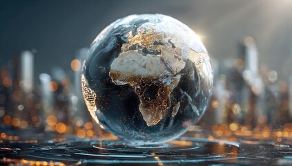 Digitally rendered Earth globe with illuminating continents, futuristic city in background