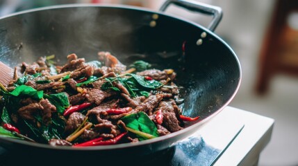 Thai style beef stir-fry with chili and basil in a wok. Generative AI