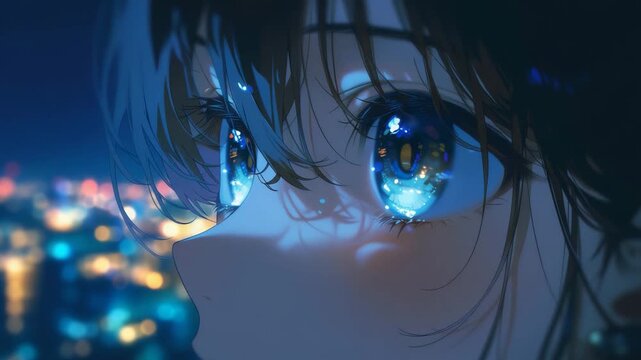 Close-up anime illustration of a character with glowing blue eyes reflecting city lights against a dark night background