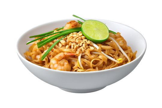 Shrimp pad thai rice noodles with peanuts bean sprouts and lime isolated on transparent background