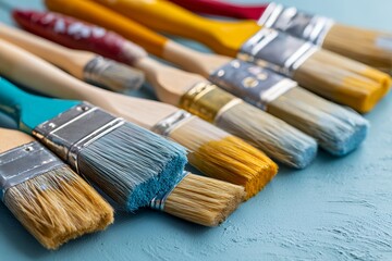 Fototapeta premium Colorful paintbrushes lined up on textured blue surface