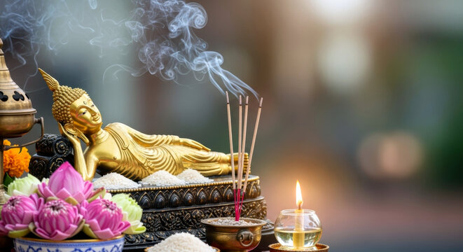 Buddha statue with incense smoke, pink lotus flowers, and burning candle for Parinirvana Day.