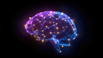 Illuminated brain model with glowing connections against a black background