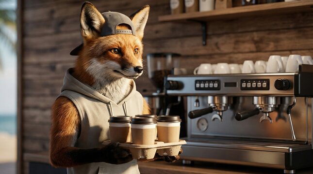 Fox wearing a backward cap and hoodie holding a tray of coffee cups near an espresso machine at a coffee shop on vacation.