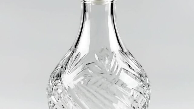 A detailed studio shot of a crystal glass bottle featuring intricate design and stopper