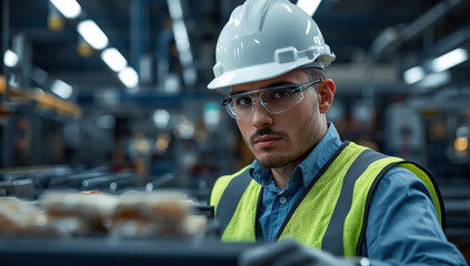 Quality control inspector safety vest and hard hat inspecting packaged products with focused