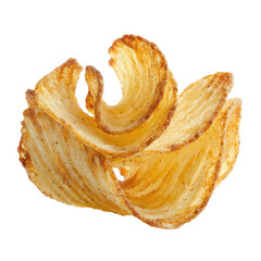 Stacked, ruffled potato chips curled together with visible seasoning on edges