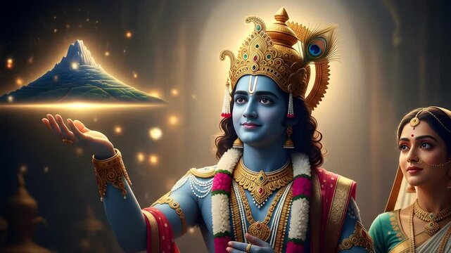 Lord Krishna lifting Govardhan Hill with Radha, divine Hindu deities in a spiritual setting.