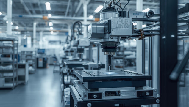 Precision robotic assembly machine working on electronic component inspection in factory