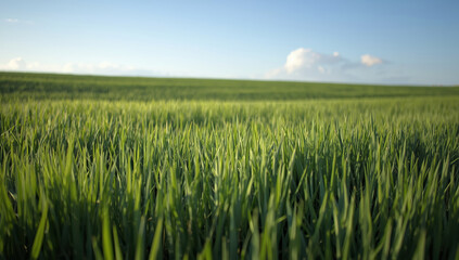 Green grass meadow field dawn with soft sunlight and distant cloud
