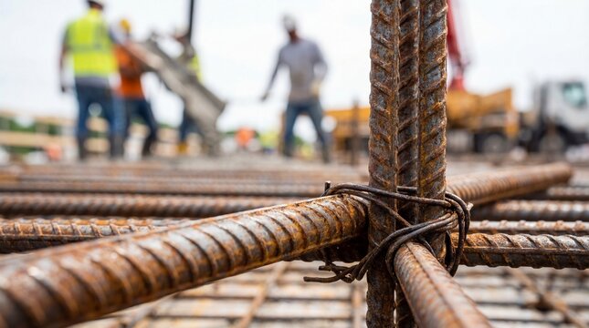 Rusty steel reinforcement bars forming a concrete foundation grid on a construction site with blurred engineering workers.