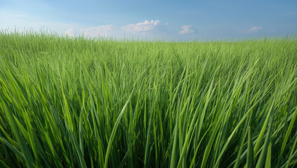 Obraz premium Lush green meadow grass under blue sky with soft clouds, peaceful natural landscape