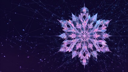 Digital snowflake design with geometric details, network lines, and a dark blue gradient background